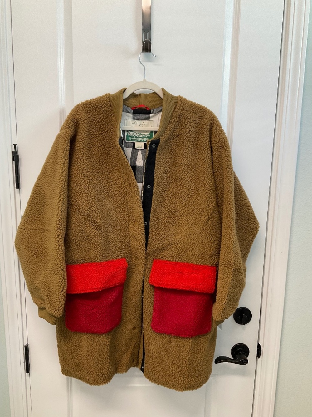 THE GREAT x Eddie Bauer Colorblock Faux Sherpa Fleece Long Coat Jacket Brown L